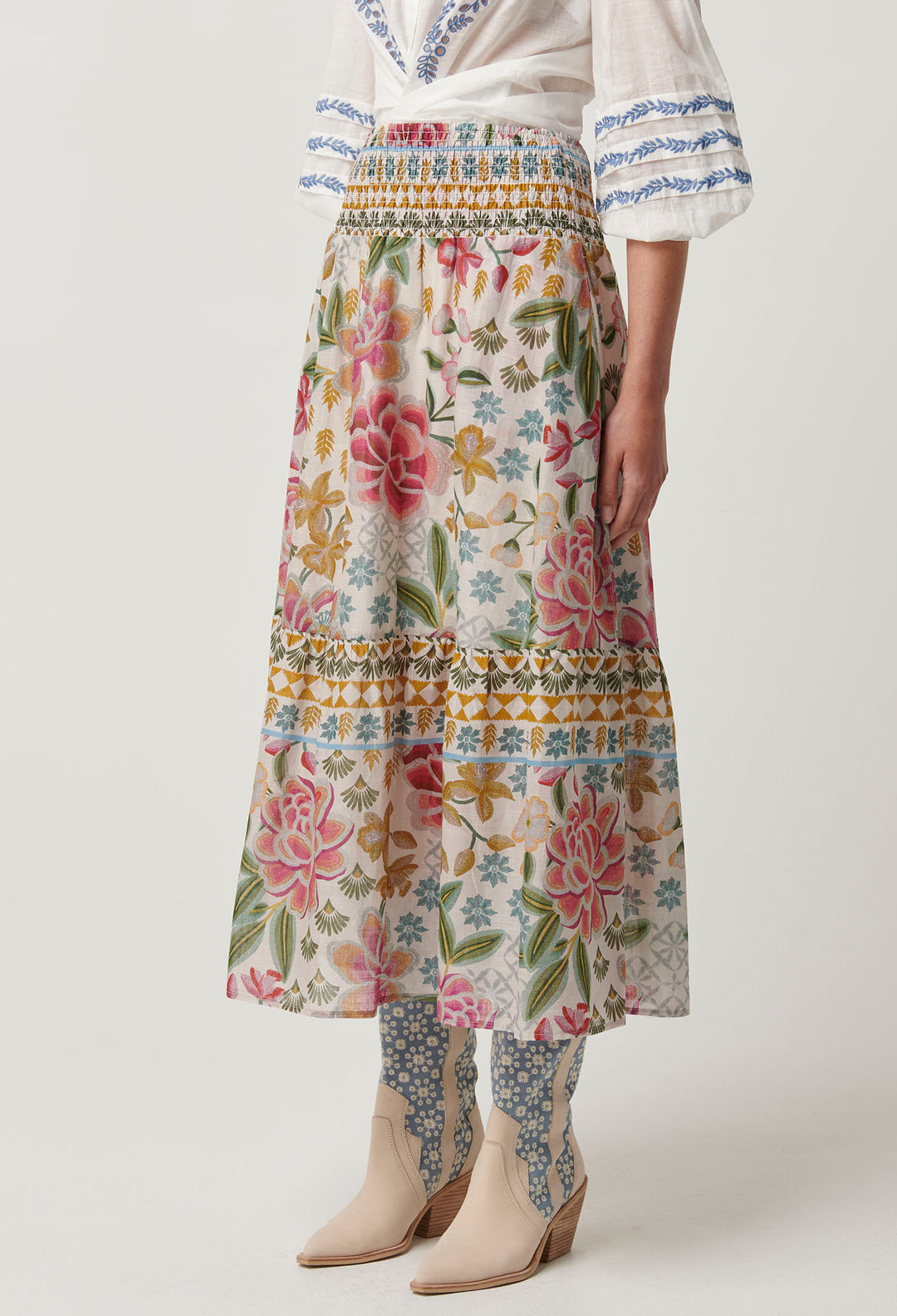 OnceWas Cordelia Cotton Slub Skirt in Azalea Fields