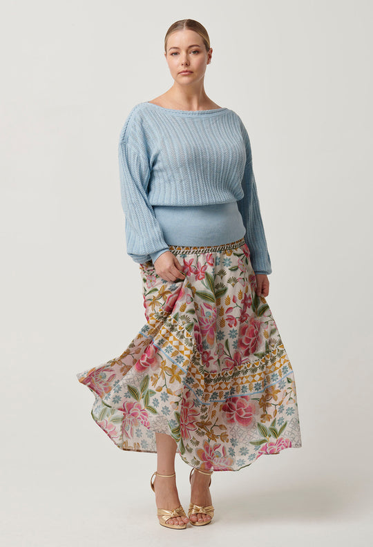 OnceWas Cordelia Cotton Slub Skirt in Azalea Fields