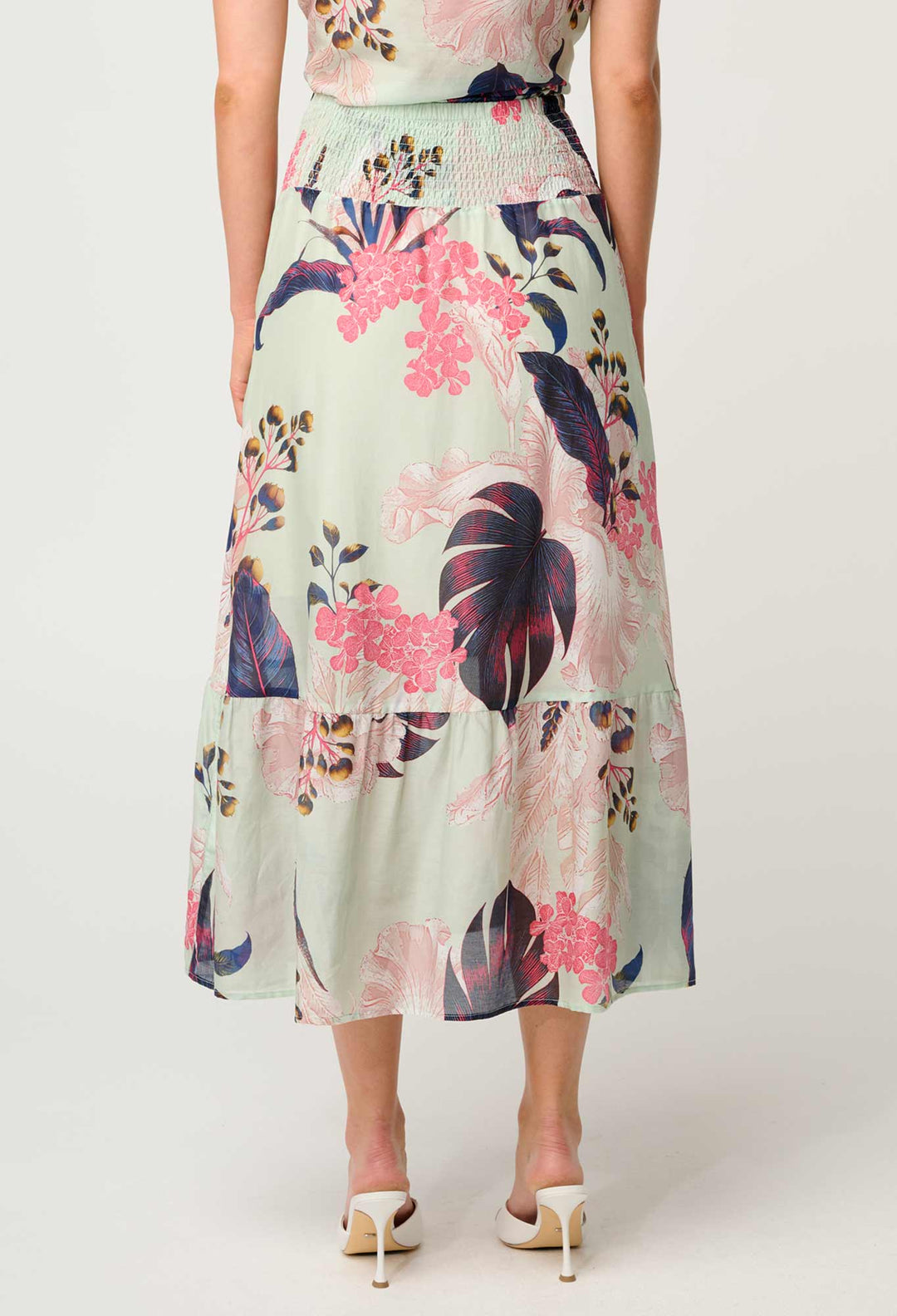 OnceWas Cordelia  Shirred Silk Cotton Skirt in Oasis Flora