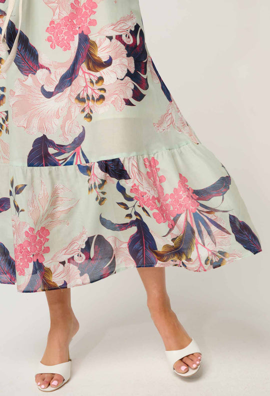 OnceWas Cordelia  Shirred Silk Cotton Skirt in Oasis Flora