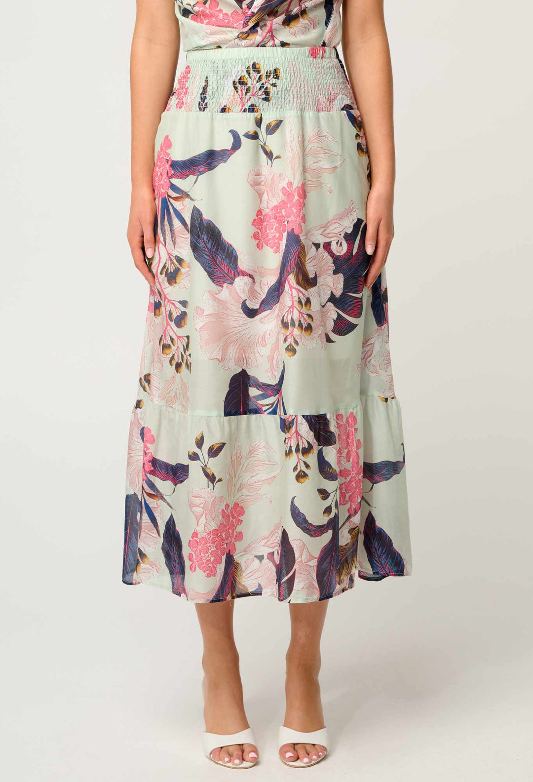 OnceWas Cordelia  Shirred Silk Cotton Skirt in Oasis Flora
