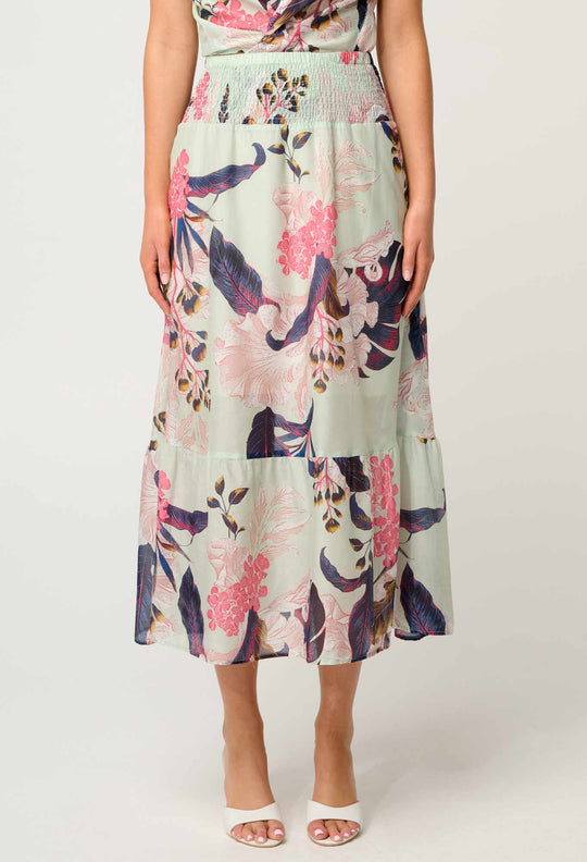 OnceWas Cordelia  Shirred Silk Cotton Skirt in Oasis Flora