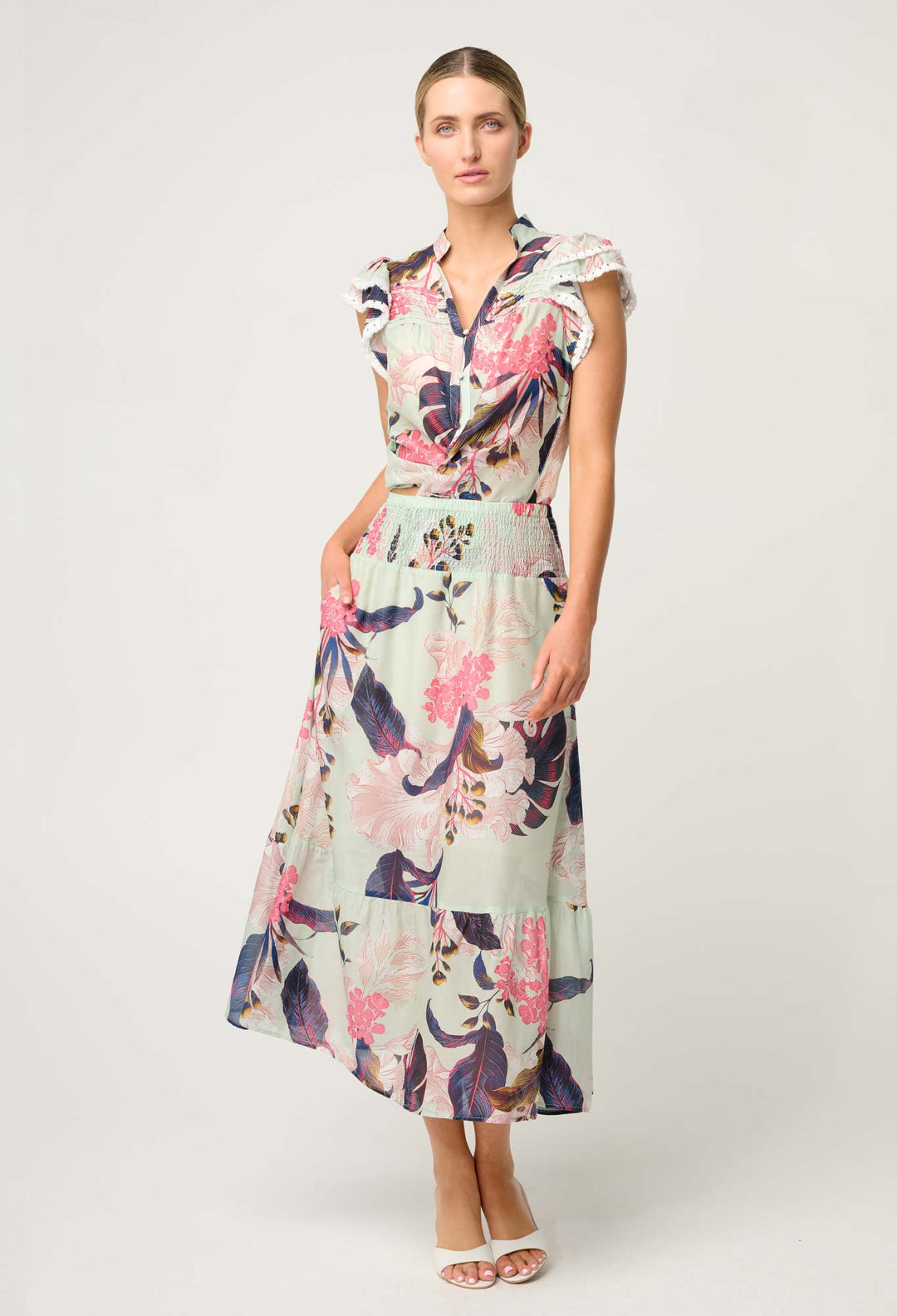 OnceWas Cordelia  Shirred Silk Cotton Skirt in Oasis Flora