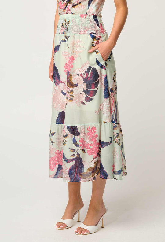 OnceWas Cordelia  Shirred Silk Cotton Skirt in Oasis Flora
