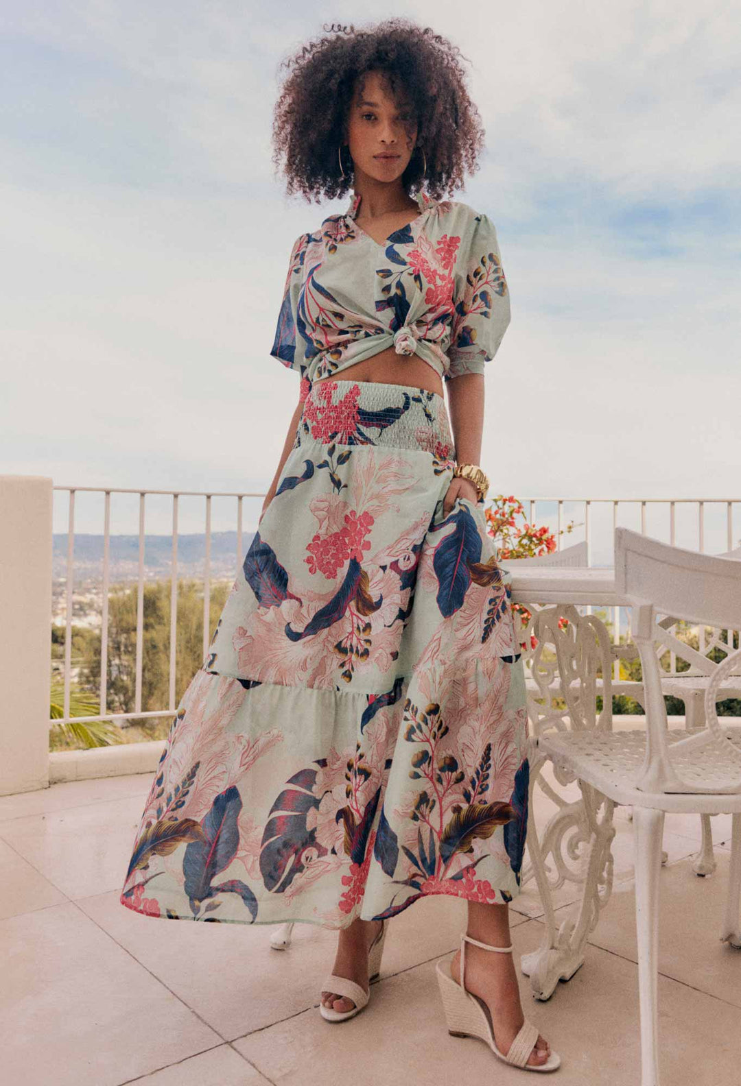 OnceWas Cordelia  Shirred Silk Cotton Skirt in Oasis Flora