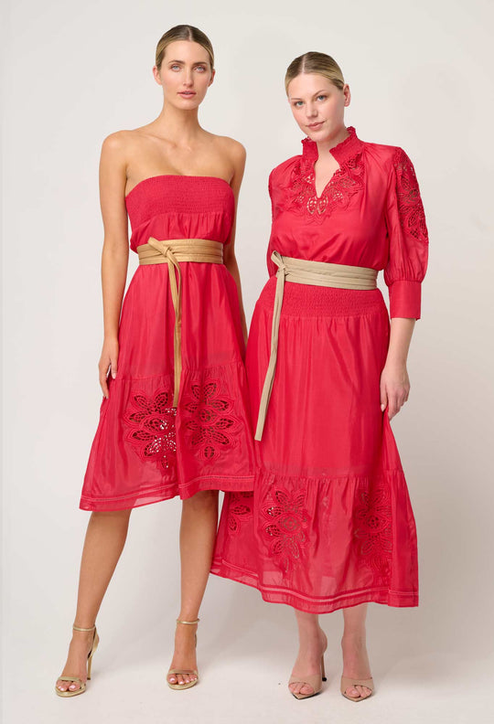 OnceWas Cordelia Shirred Waist Silk Cotton Skirt in Ruby