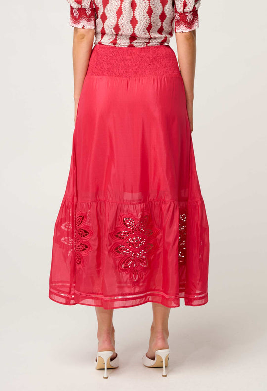 OnceWas Cordelia Shirred Waist Silk Cotton Skirt in Ruby