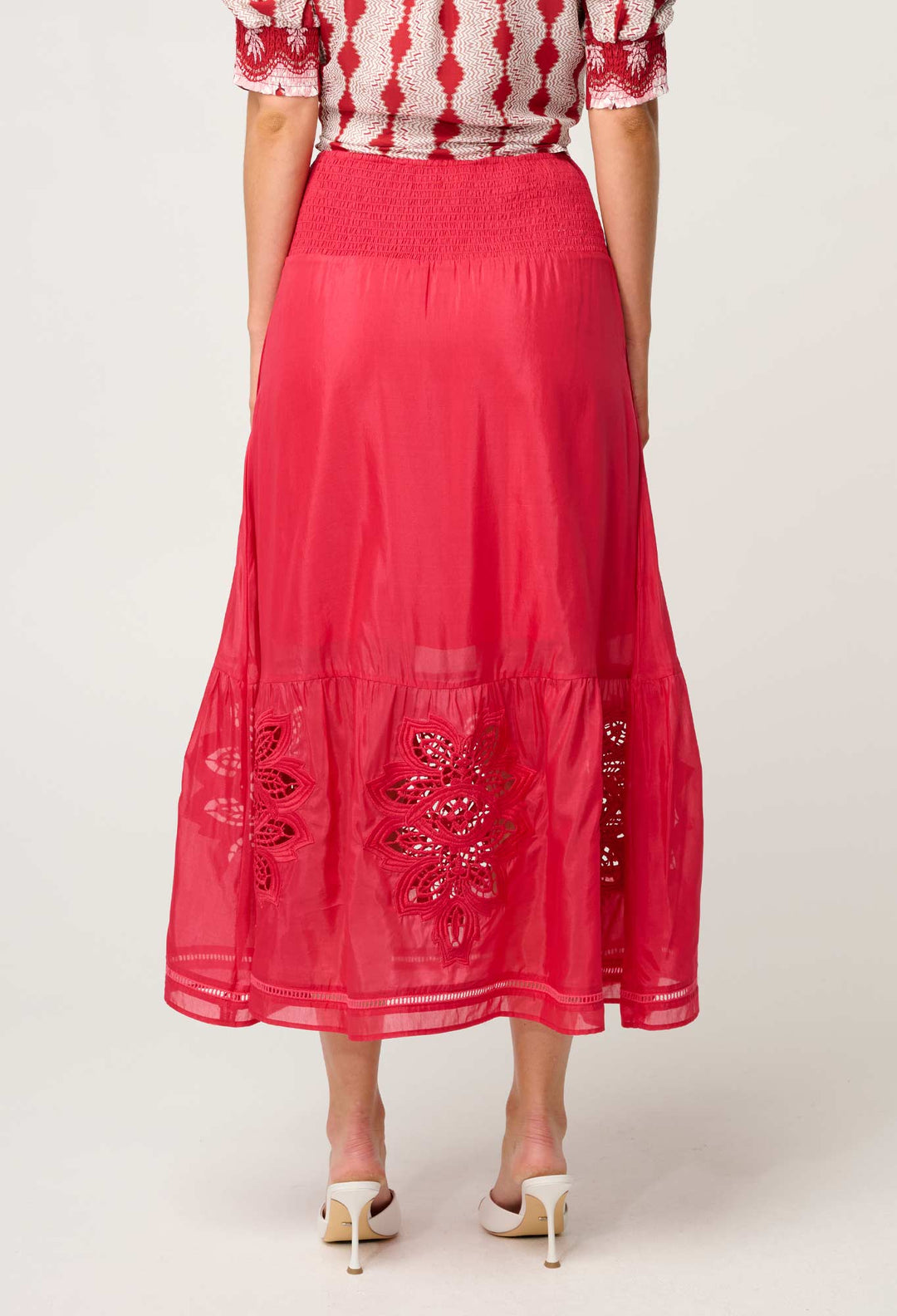 OnceWas Cordelia Shirred Waist Silk Cotton Skirt in Ruby