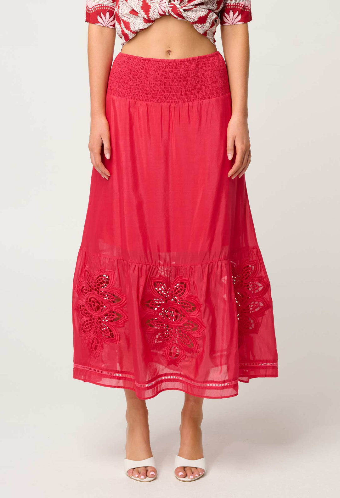 OnceWas Cordelia Shirred Waist Silk Cotton Skirt in Ruby