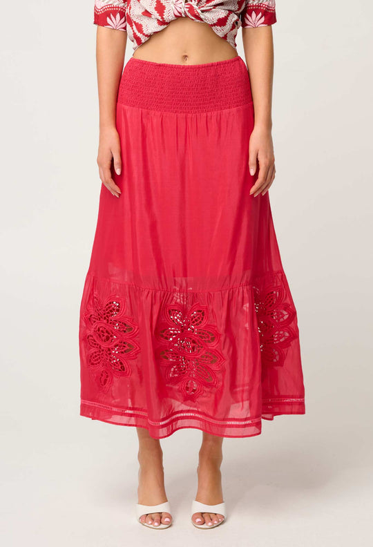OnceWas Cordelia Shirred Waist Silk Cotton Skirt in Ruby
