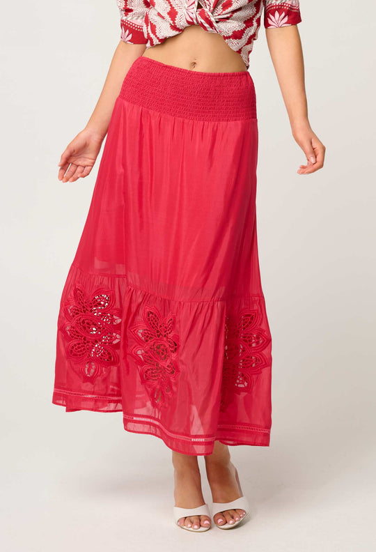 OnceWas Cordelia Shirred Waist Silk Cotton Skirt in Ruby