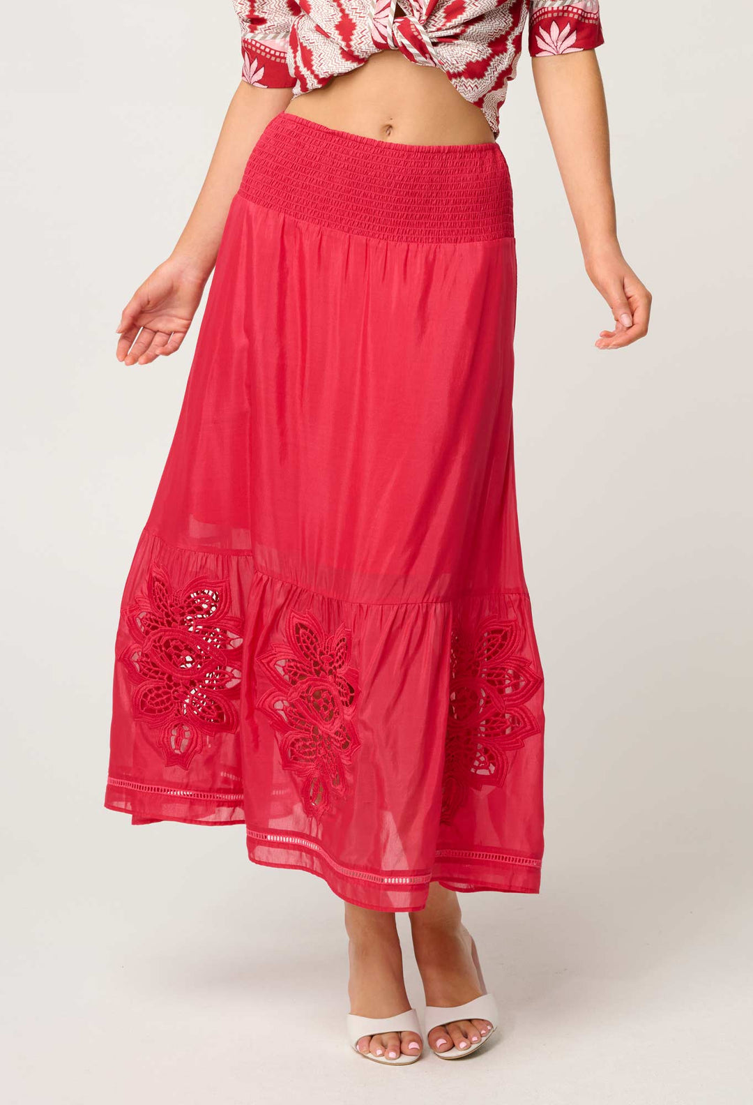 OnceWas Cordelia Shirred Waist Silk Cotton Skirt in Ruby