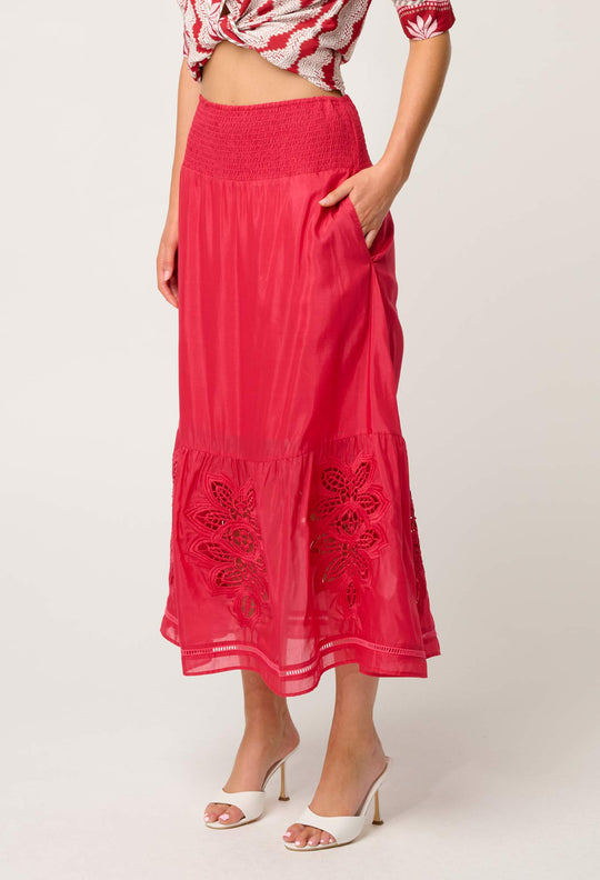 OnceWas Cordelia Shirred Waist Silk Cotton Skirt in Ruby
