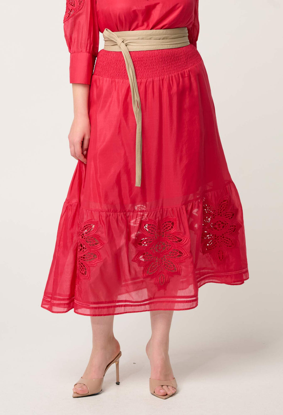 OnceWas Cordelia Shirred Waist Silk Cotton Skirt in Ruby