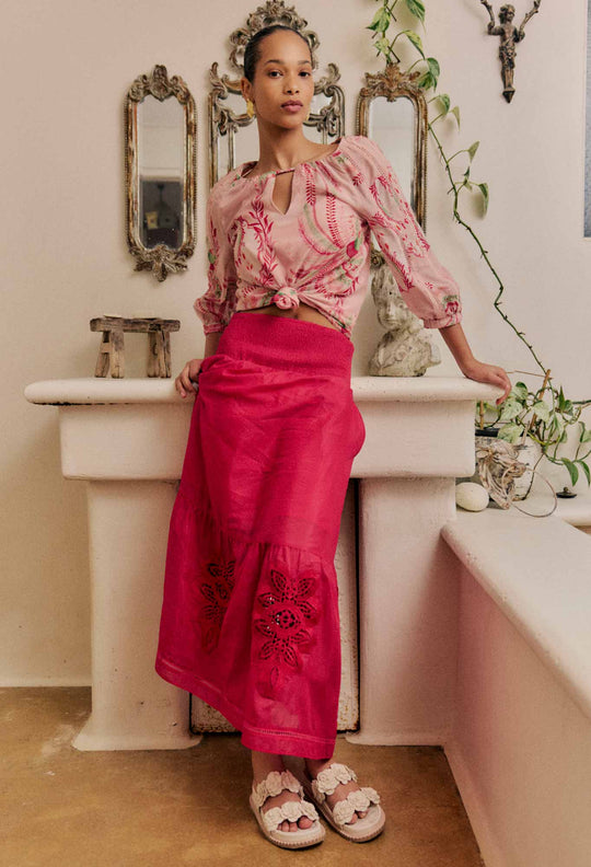 Cordelia Shirred Waist Silk Cotton Skirt in Ruby