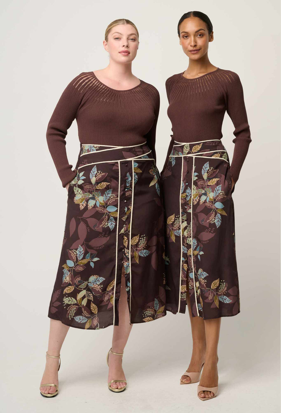 OnceWas Harper Viscose Faille Criss Cross Waist Panel Skirt in Ember Vines