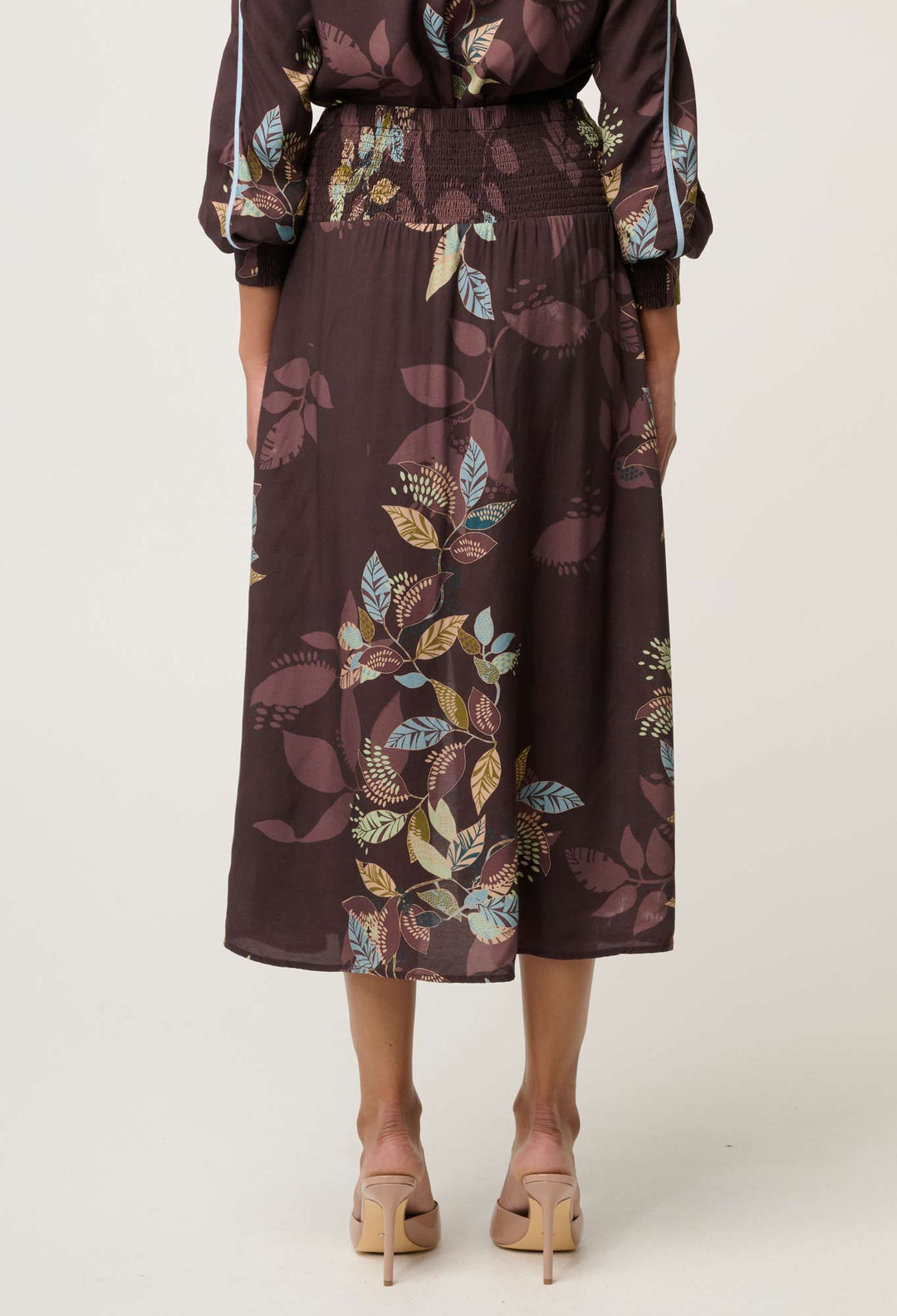 OnceWas Harper Viscose Faille Criss Cross Waist Panel Skirt in Ember Vines