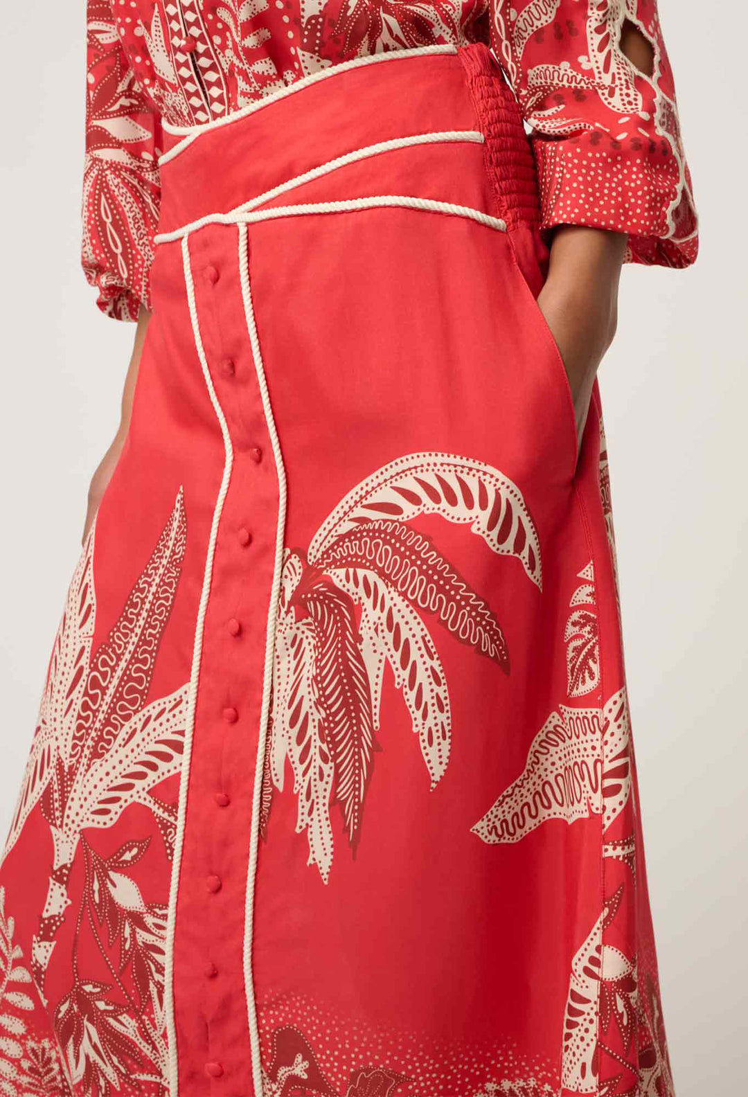 OnceWas PETITE Harper Viscose Faille Print Criss Cross Waist Panel Skirt in Crimson Palms