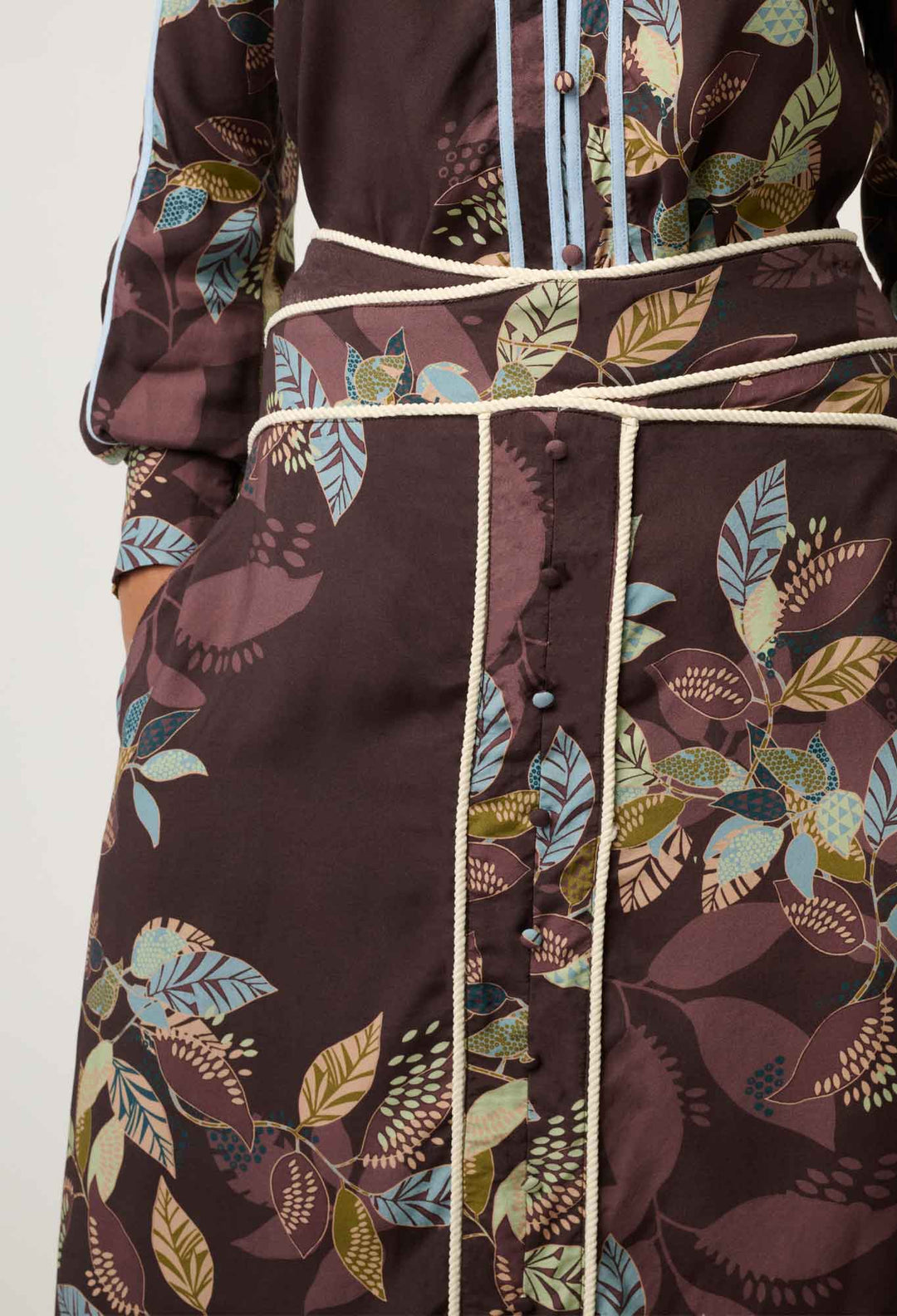 OnceWas Harper Viscose Faille Criss Cross Waist Panel Skirt in Ember Vines