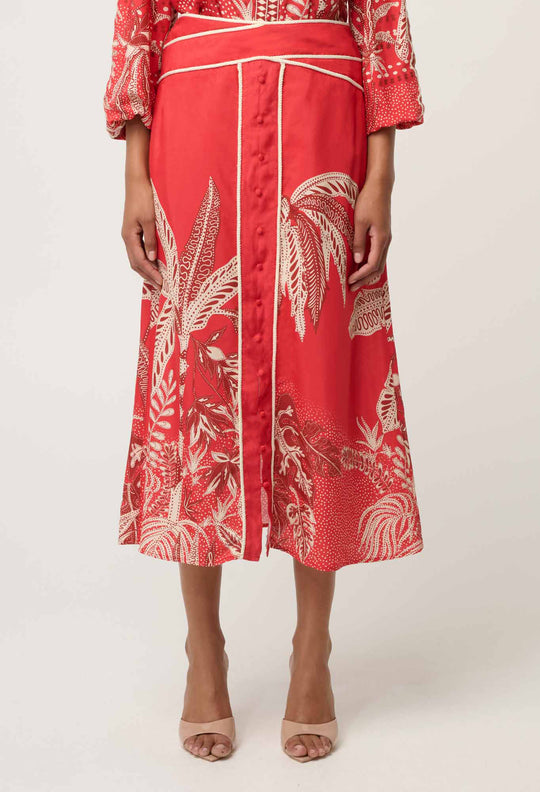 OnceWas Harper Viscose Faille Print Criss Cross Waist Panel Skirt in Crimson Palms