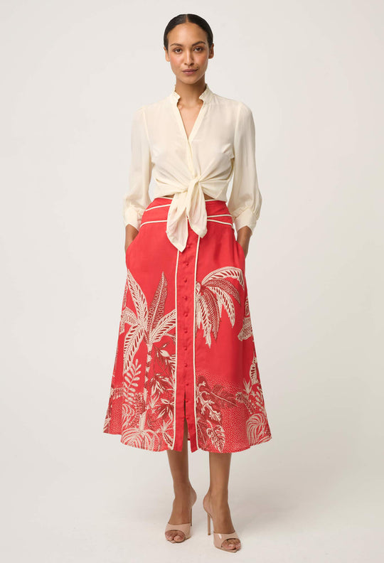 OnceWas Harper Viscose Faille Print Criss Cross Waist Panel Skirt in Crimson Palms