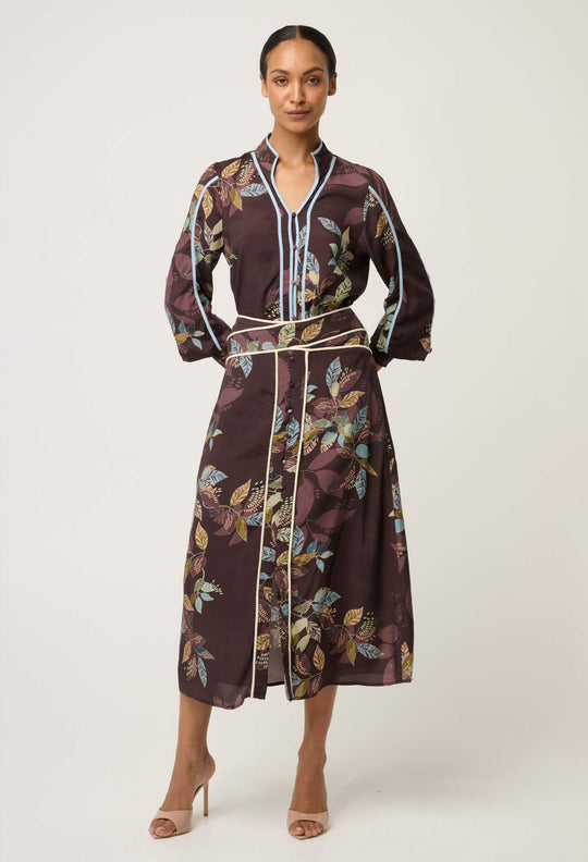 OnceWas Harper Viscose Faille Criss Cross Waist Panel Skirt in Ember Vines