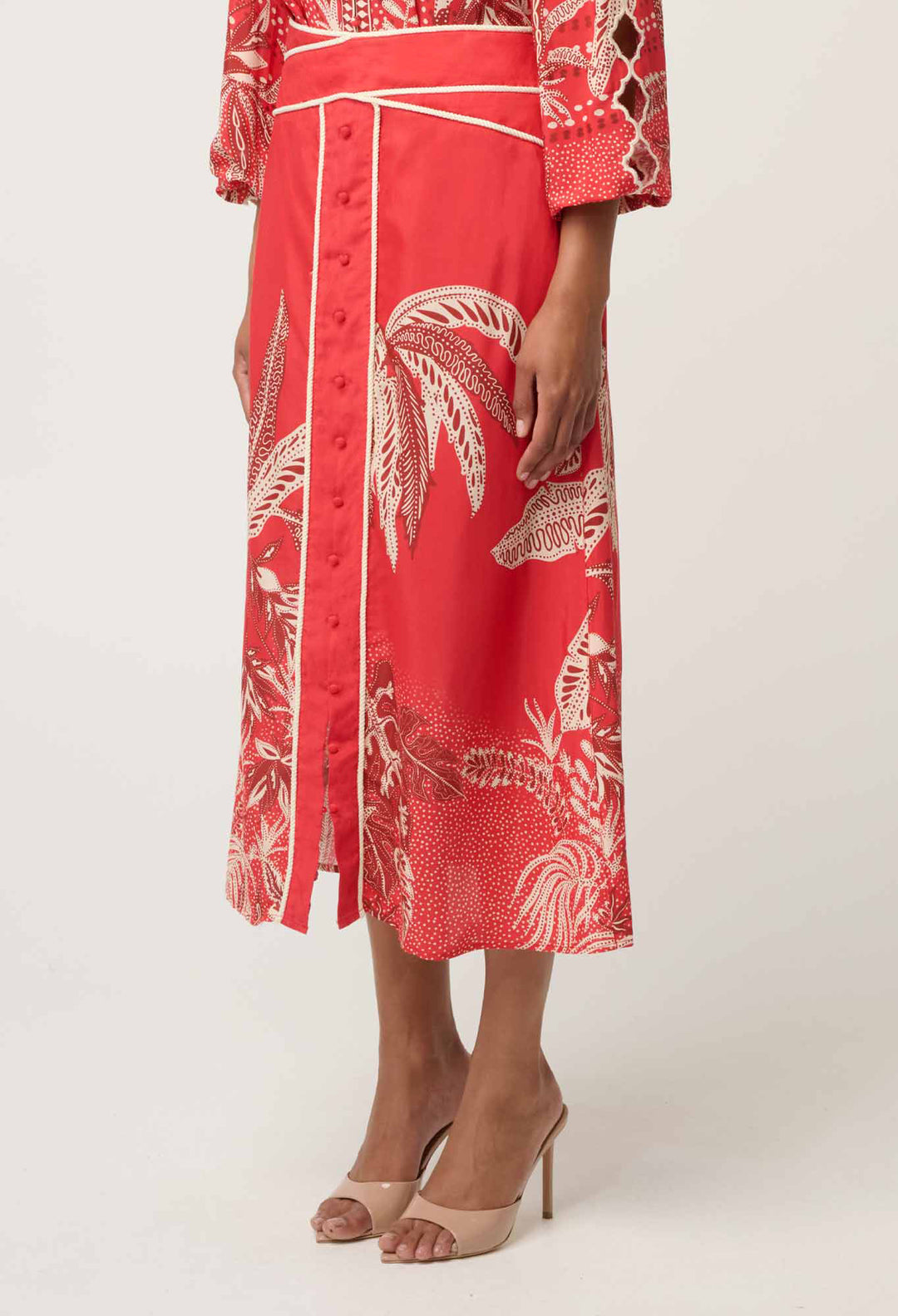 OnceWas Harper Viscose Faille Print Criss Cross Waist Panel Skirt in Crimson Palms