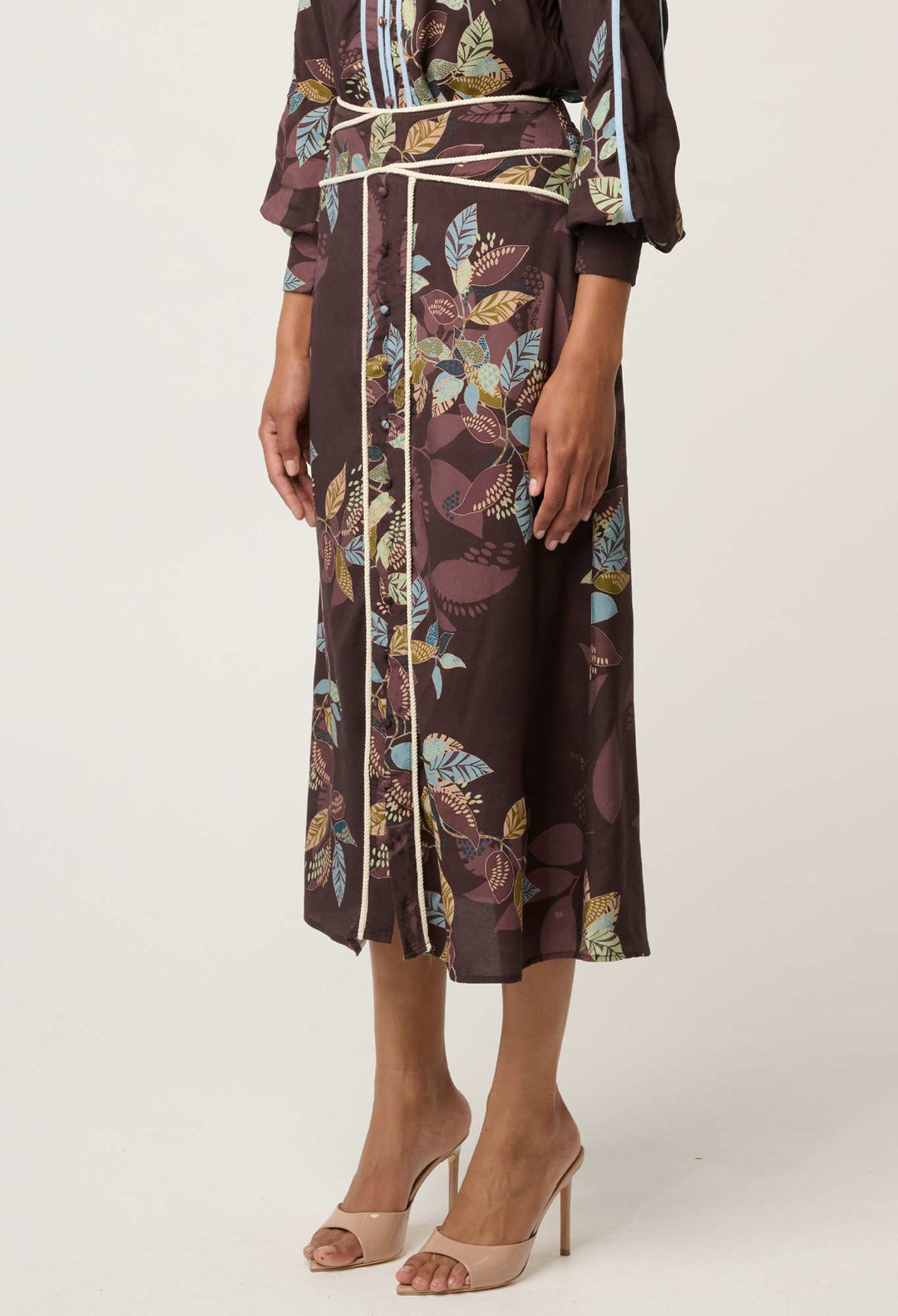 OnceWas Harper Viscose Faille Criss Cross Waist Panel Skirt in Ember Vines