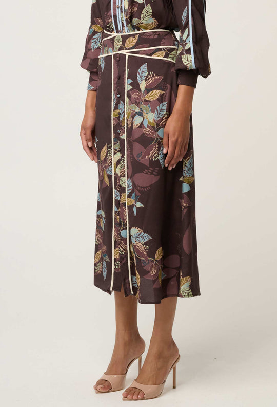 OnceWas Harper Viscose Faille Criss Cross Waist Panel Skirt in Ember Vines