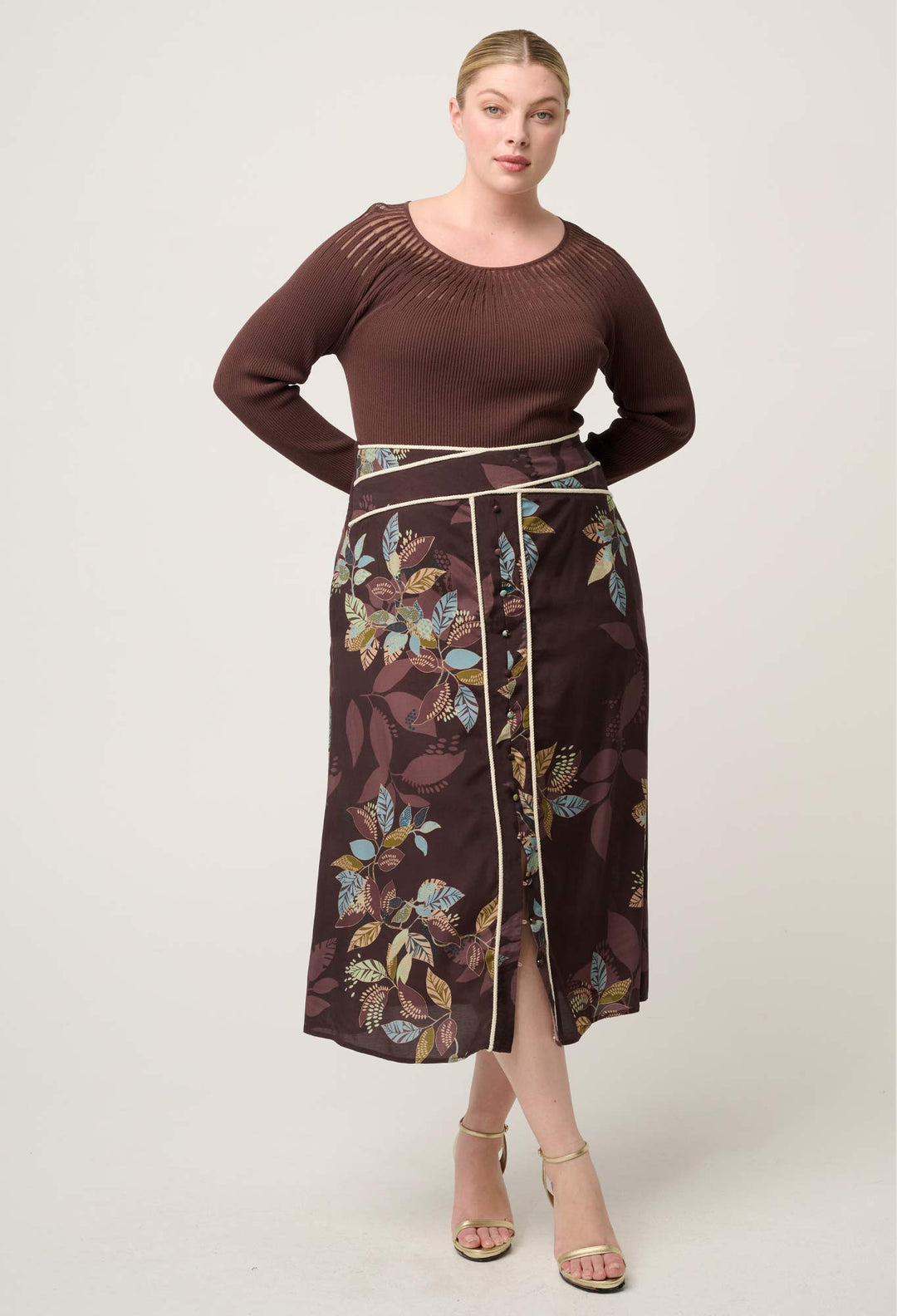 OnceWas Harper Viscose Faille Criss Cross Waist Panel Skirt in Ember Vines
