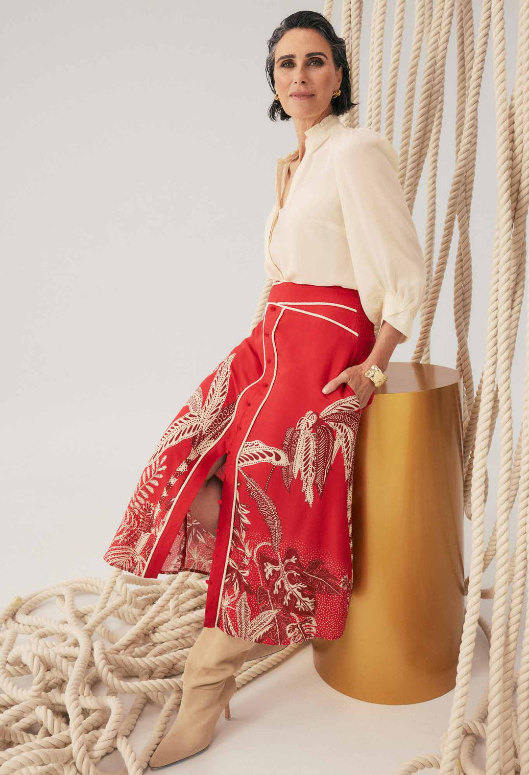 OnceWas Harper Viscose Faille Print Criss Cross Waist Panel Skirt in Crimson Palms