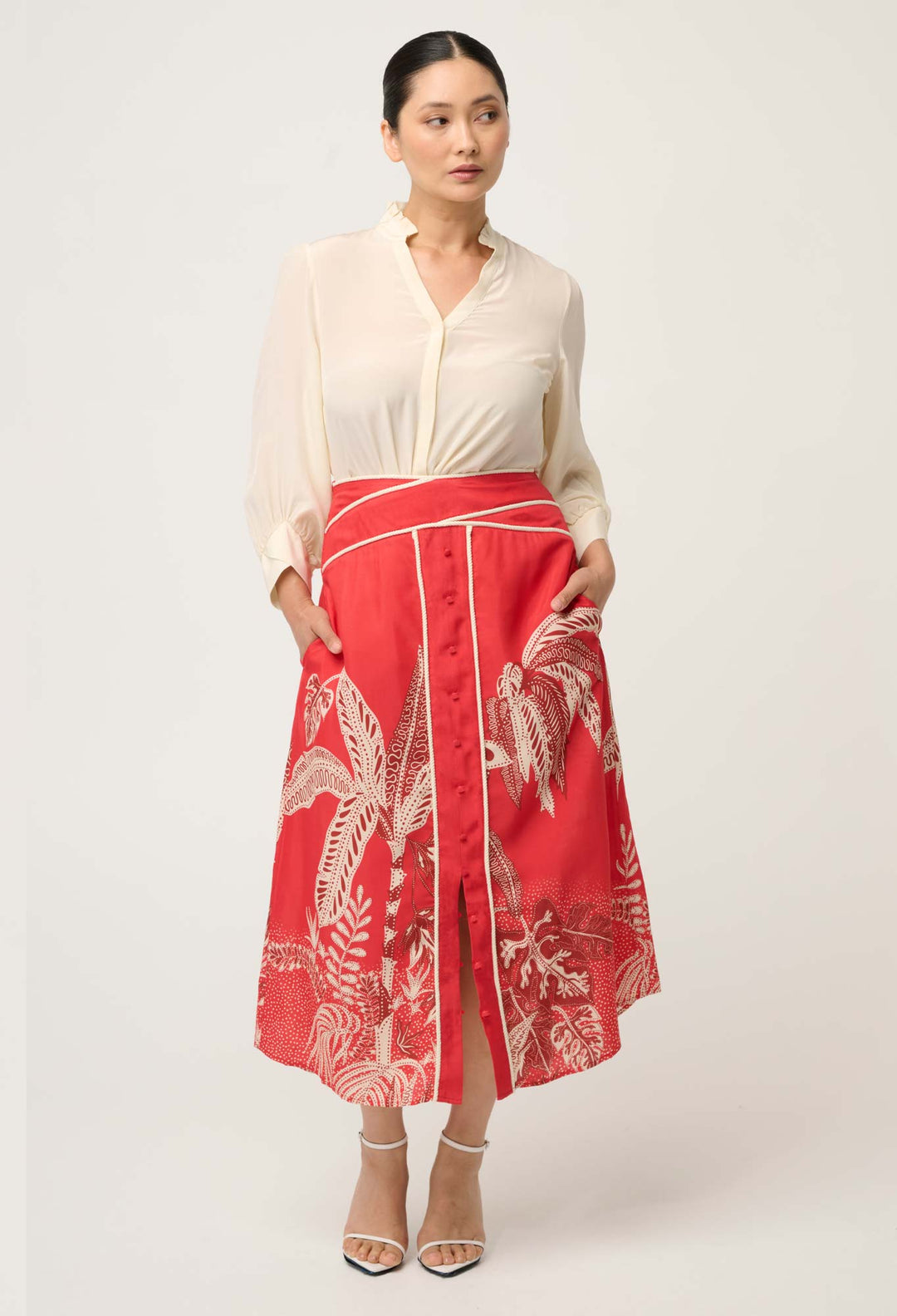 OnceWas PETITE Harper Viscose Faille Print Criss Cross Waist Panel Skirt in Crimson Palms