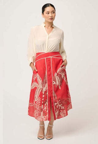 PETITE Harper Viscose Faille Print Criss Cross Waist Panel Skirt in Crimson Palms