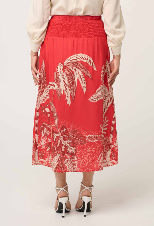 OnceWas PETITE Harper Viscose Faille Print Criss Cross Waist Panel Skirt in Crimson Palms
