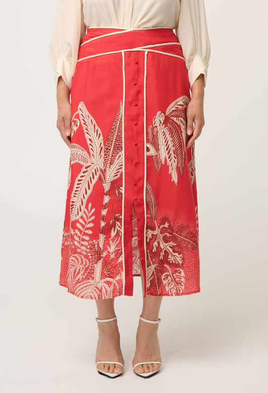 OnceWas PETITE Harper Viscose Faille Print Criss Cross Waist Panel Skirt in Crimson Palms