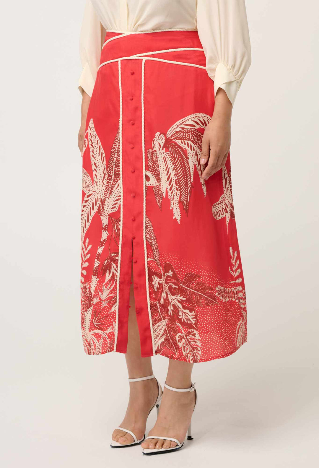 OnceWas PETITE Harper Viscose Faille Print Criss Cross Waist Panel Skirt in Crimson Palms