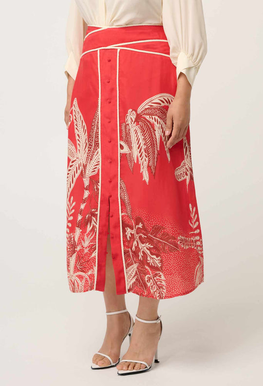 OnceWas PETITE Harper Viscose Faille Print Criss Cross Waist Panel Skirt in Crimson Palms