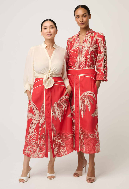 OnceWas PETITE Harper Viscose Faille Print Criss Cross Waist Panel Skirt in Crimson Palms