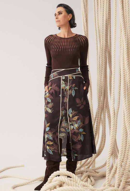 OnceWas Harper Viscose Faille Criss Cross Waist Panel Skirt in Ember Vines