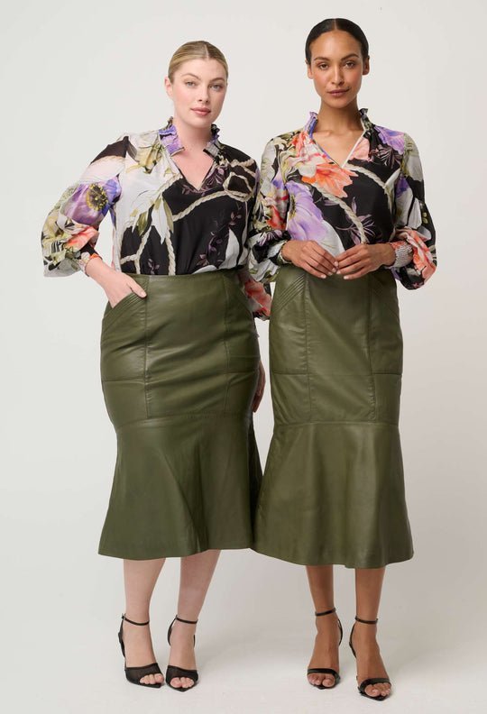 Mabel Leather Skirt in Moss