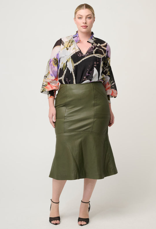 Mabel Leather Skirt in Moss