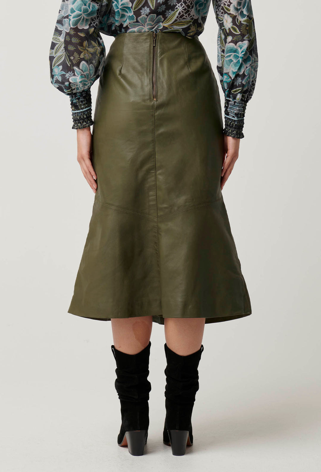 OnceWas Mabel Leather Skirt in Moss