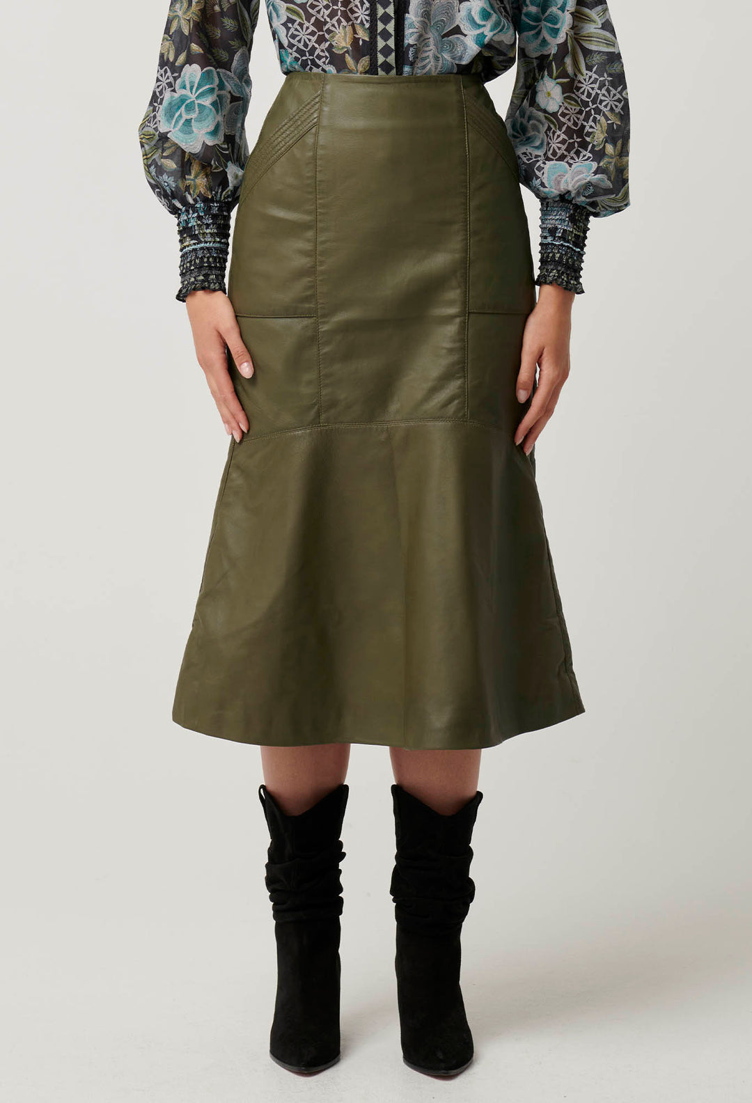 OnceWas Mabel Leather Skirt in Moss