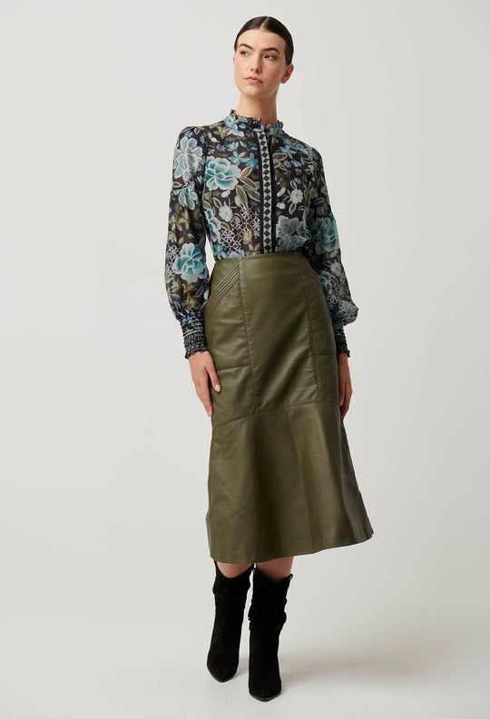 OnceWas Mabel Leather Skirt in Moss