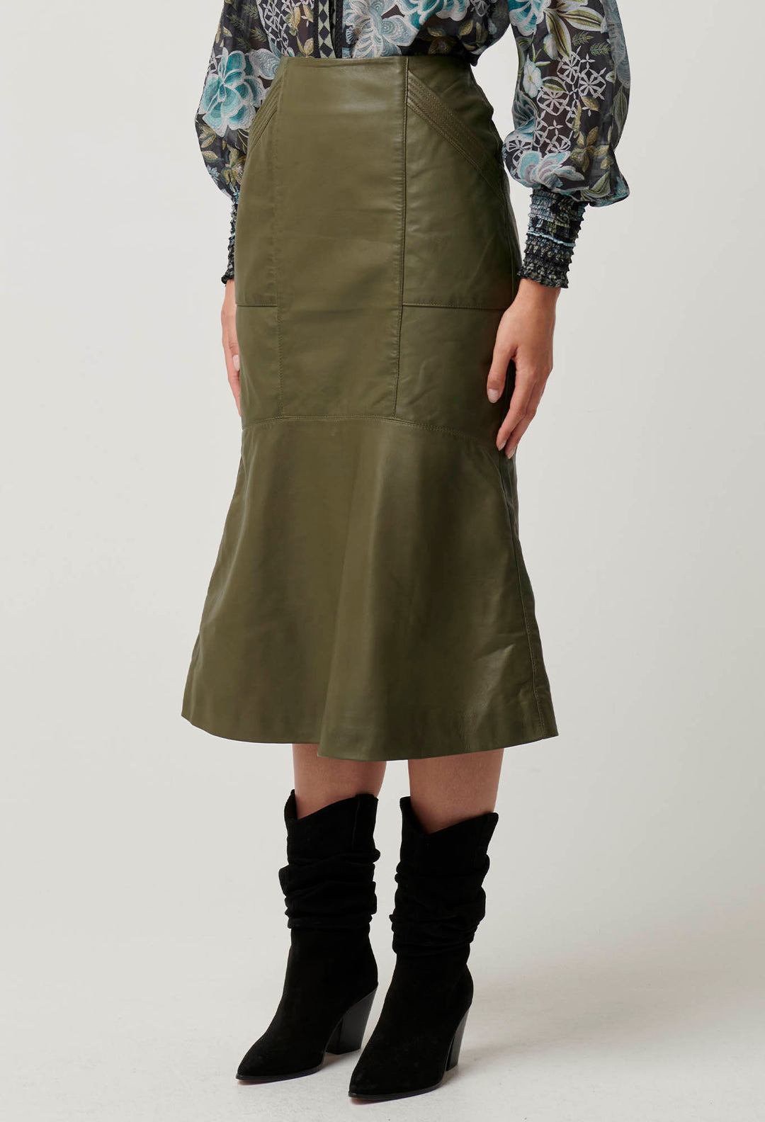 OnceWas Mabel Leather Skirt in Moss