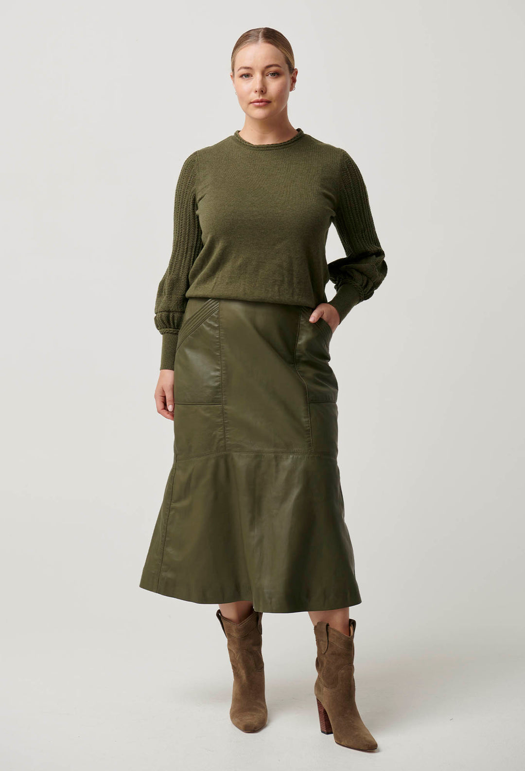 OnceWas Mabel Leather Skirt in Moss