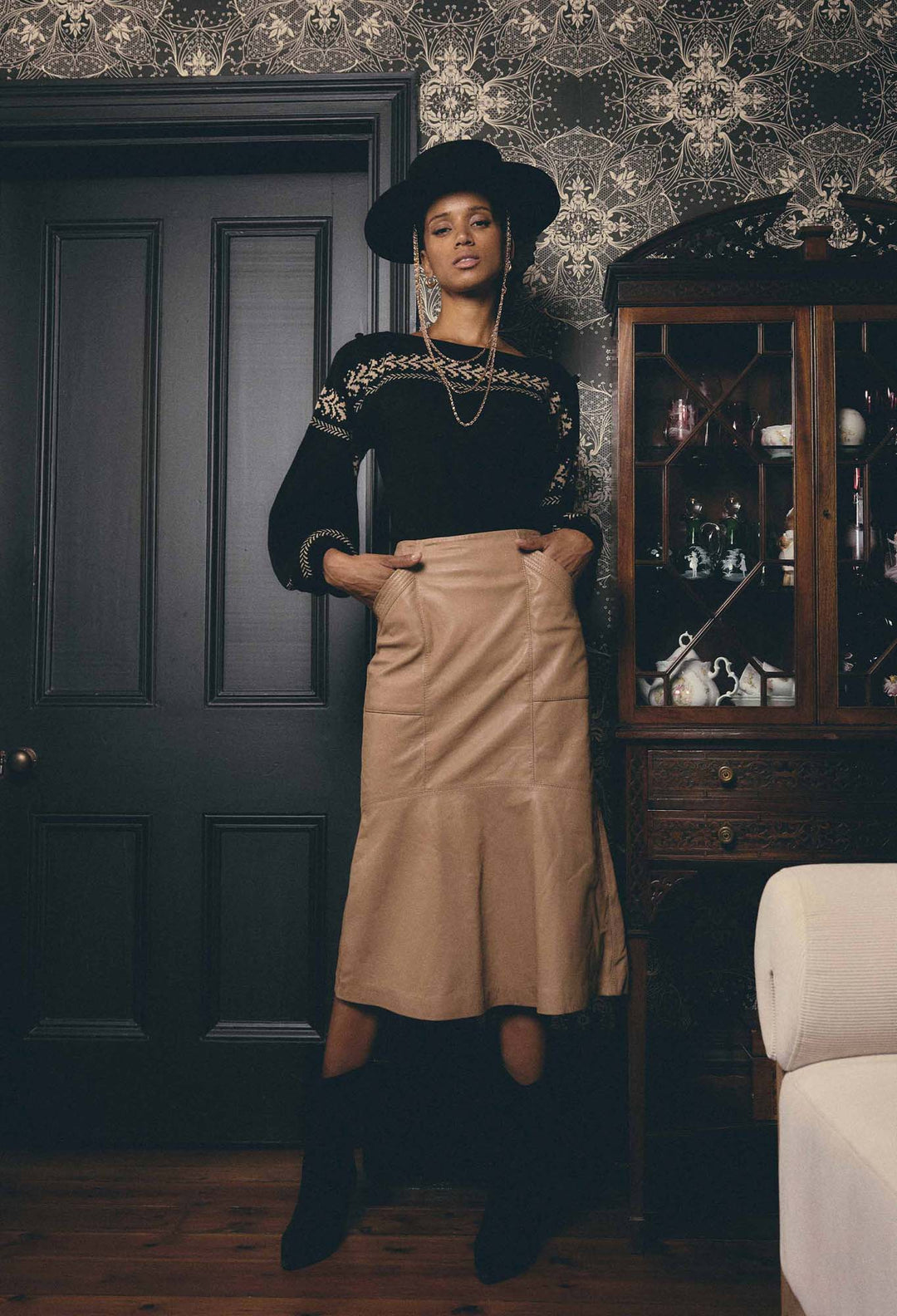 OnceWas Mabel Leather Skirt in Wheat