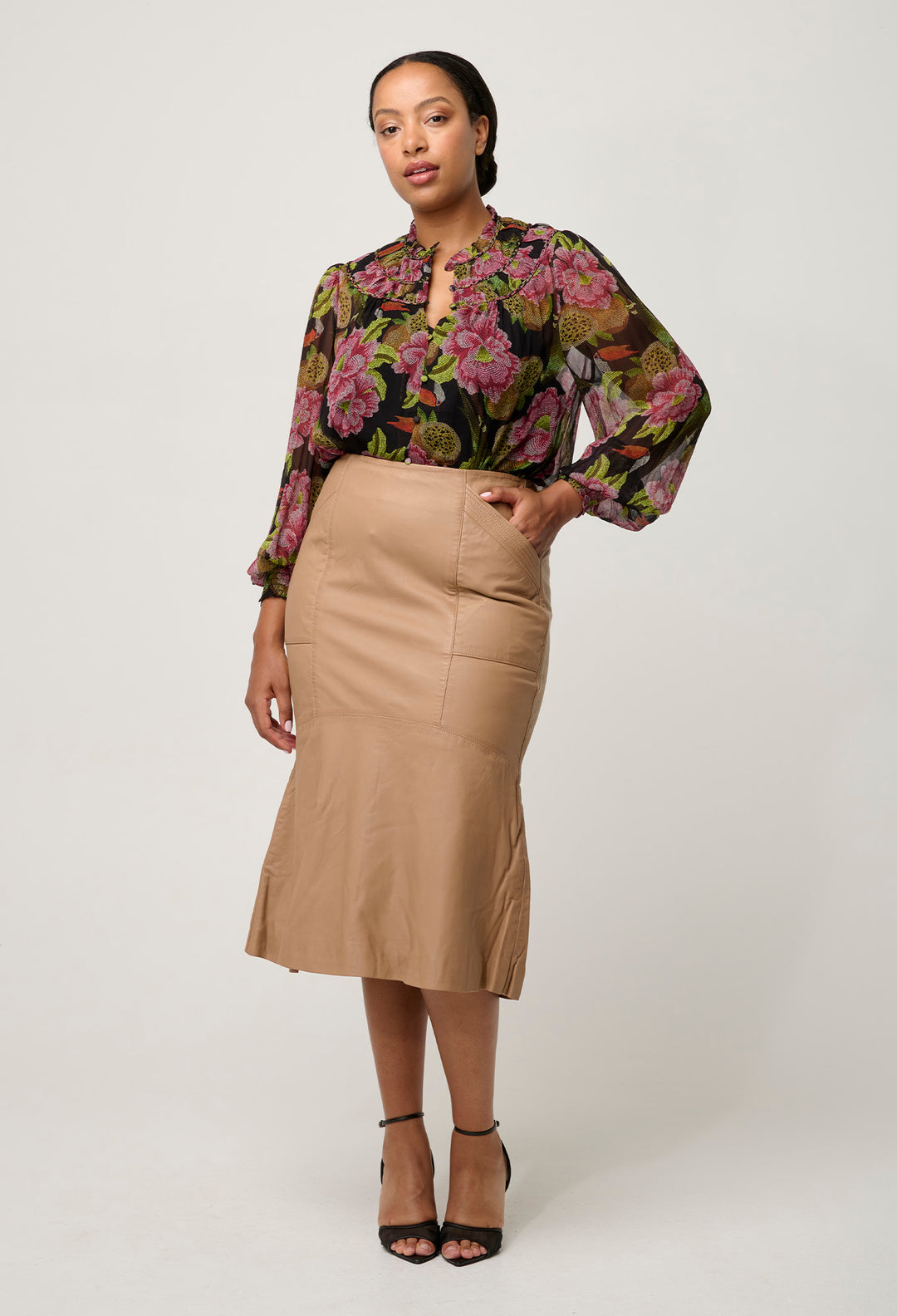 OnceWas Mabel Leather Skirt in Wheat