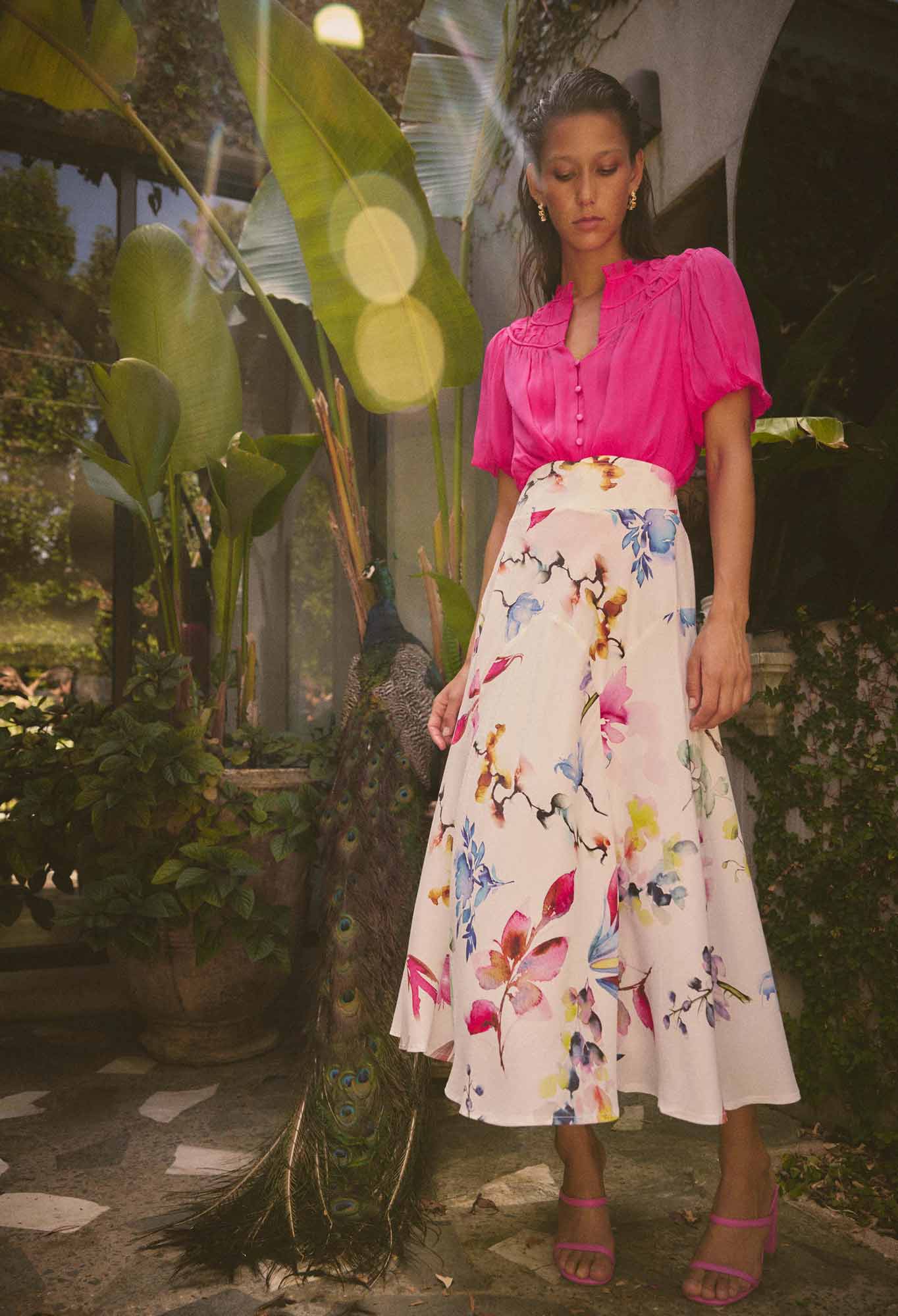 OnceWas Pandorea Viscose Dobby Yoke Skirt in Plume Blossom