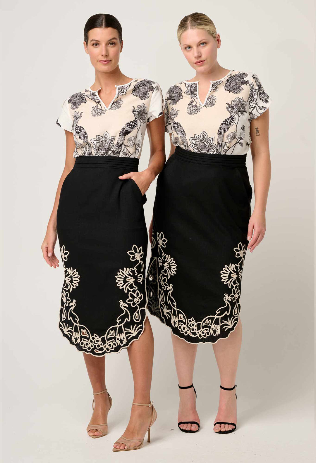 Cascadia Embroidered Linen Viscose Midi Skirt in Black